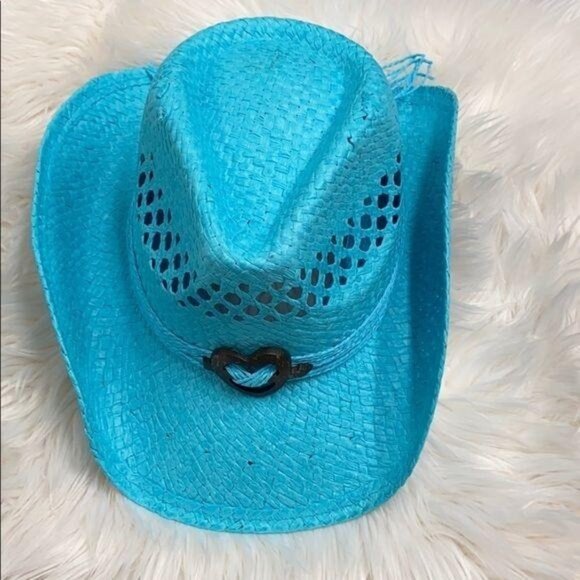 Aqua Blue Boho Style Heart Detail Cowboy Hat - Picture 1 of 4